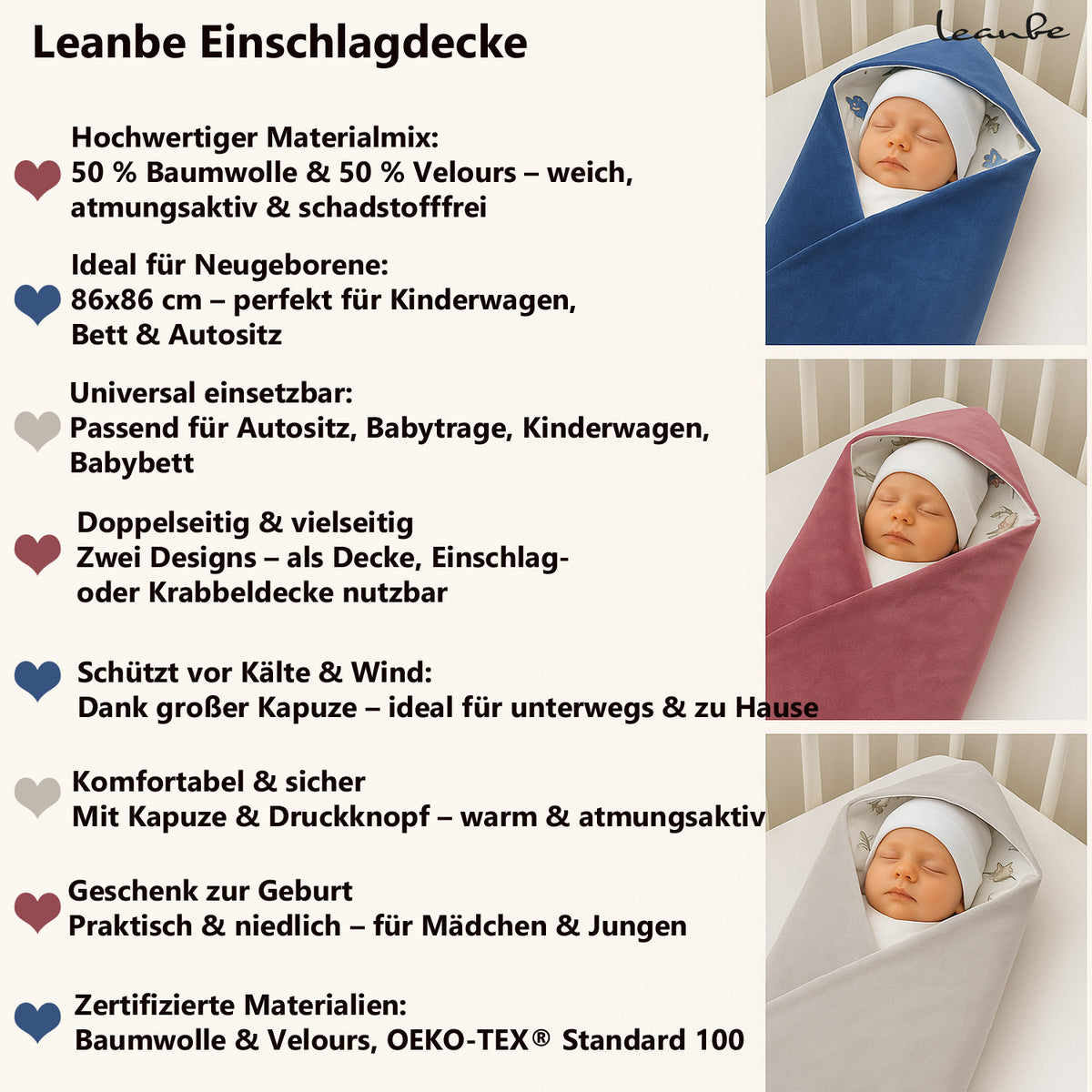 LEANBE Einschlagdecke Babydecke für Babyschale und Kinderwagen 86x86 cm – Baumwolle & Velours Blau
