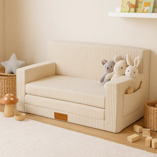 LEANBE Personalisierbares Kindersofa 3-in-1 Spiel- und Schlafsofa mit individuellem Namen - Beige Cord