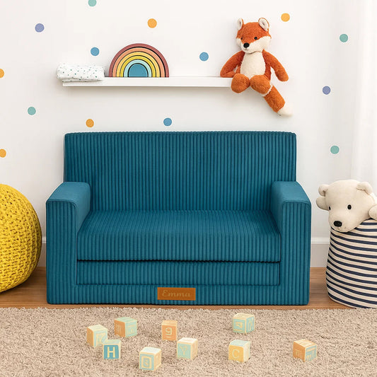 LEANBE Personalisierbares Kindersofa 3-in-1 Spiel- und Schlafsofa mit individuellem Namen - Blau Cord
