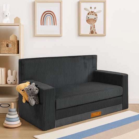LEANBE Personalisierbares Kindersofa 3-in-1 Spiel- und Schlafsofa mit individuellem Namen - Grau Cord