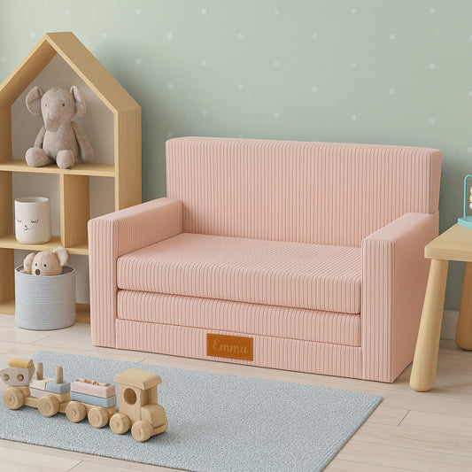 LEANBE Personalisierbares Kindersofa 3-in-1 Spiel- und Schlafsofa mit individuellem Namen - Rosa Cord