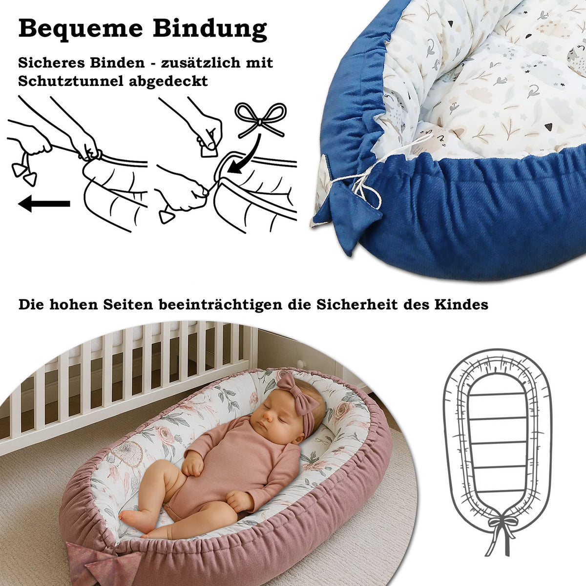 LEANBE Babynest Kokon aus Baumwolle & Velours - Grau