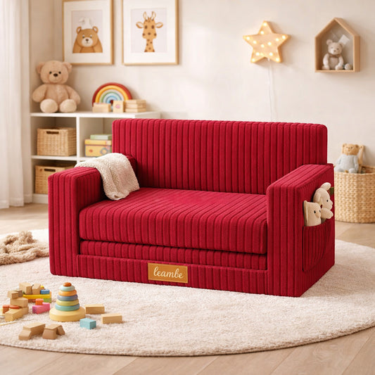 LEANBE Personalisierbares Kindersofa 3-in-1 Spiel- und Schlafsofa mit individuellem Namen - Rot Cord