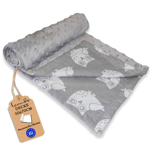Babydecke 50x70cm doppelseiti Minky/Baumwolle Grau Minky-Eulen