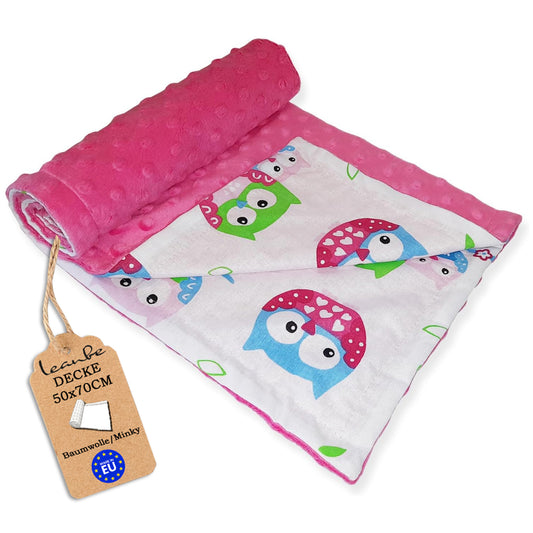 Babydecke 50x70cm doppelseitig Minky/Baumwolle Rosa Minky-Eulen