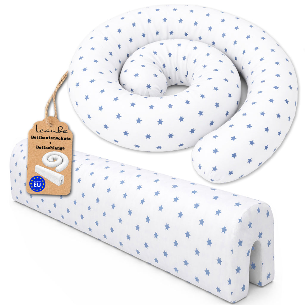 LEANBE Bettkantenschutz 70x20x14 cm + Bettschlange 150x15 cm – Blaue Sterne