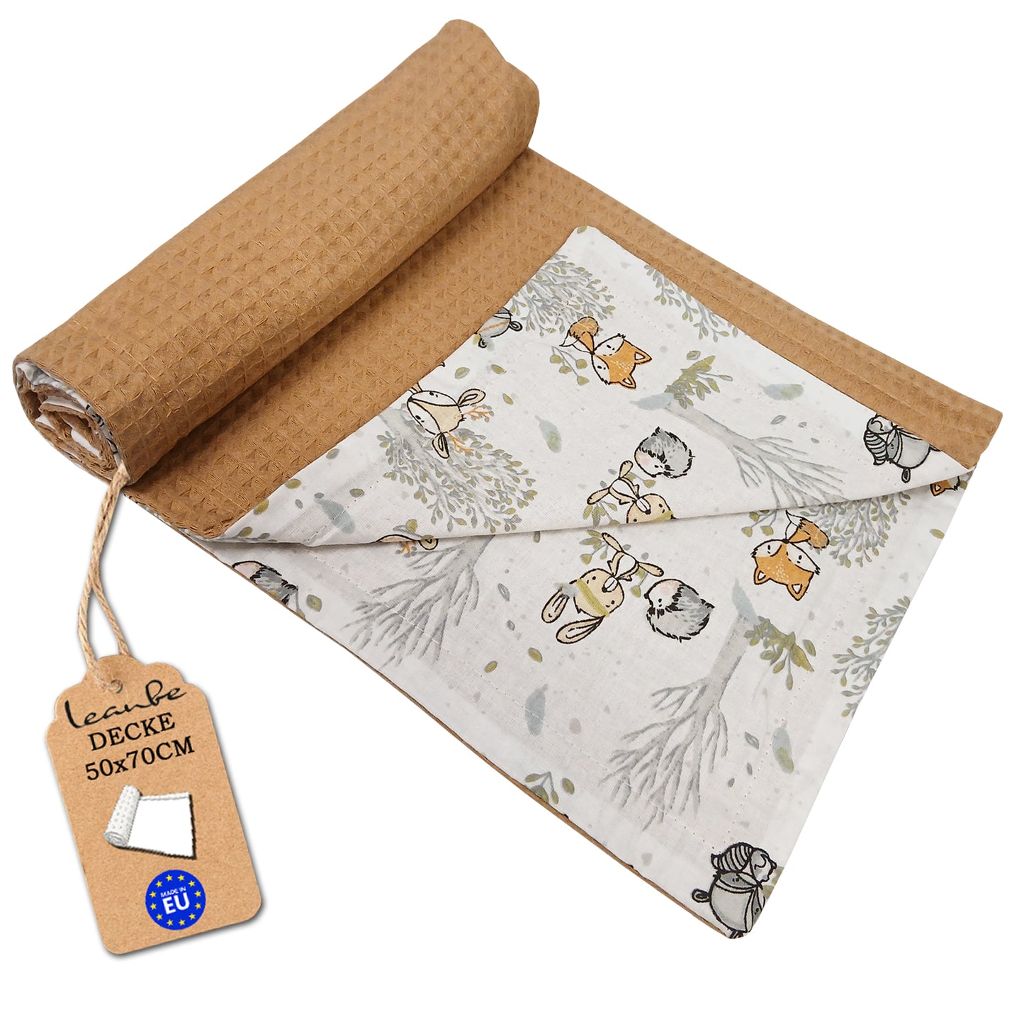 LEANBE Babydecke 50x70cm doppelseitig Baumwolle/Waffelstoff Beige