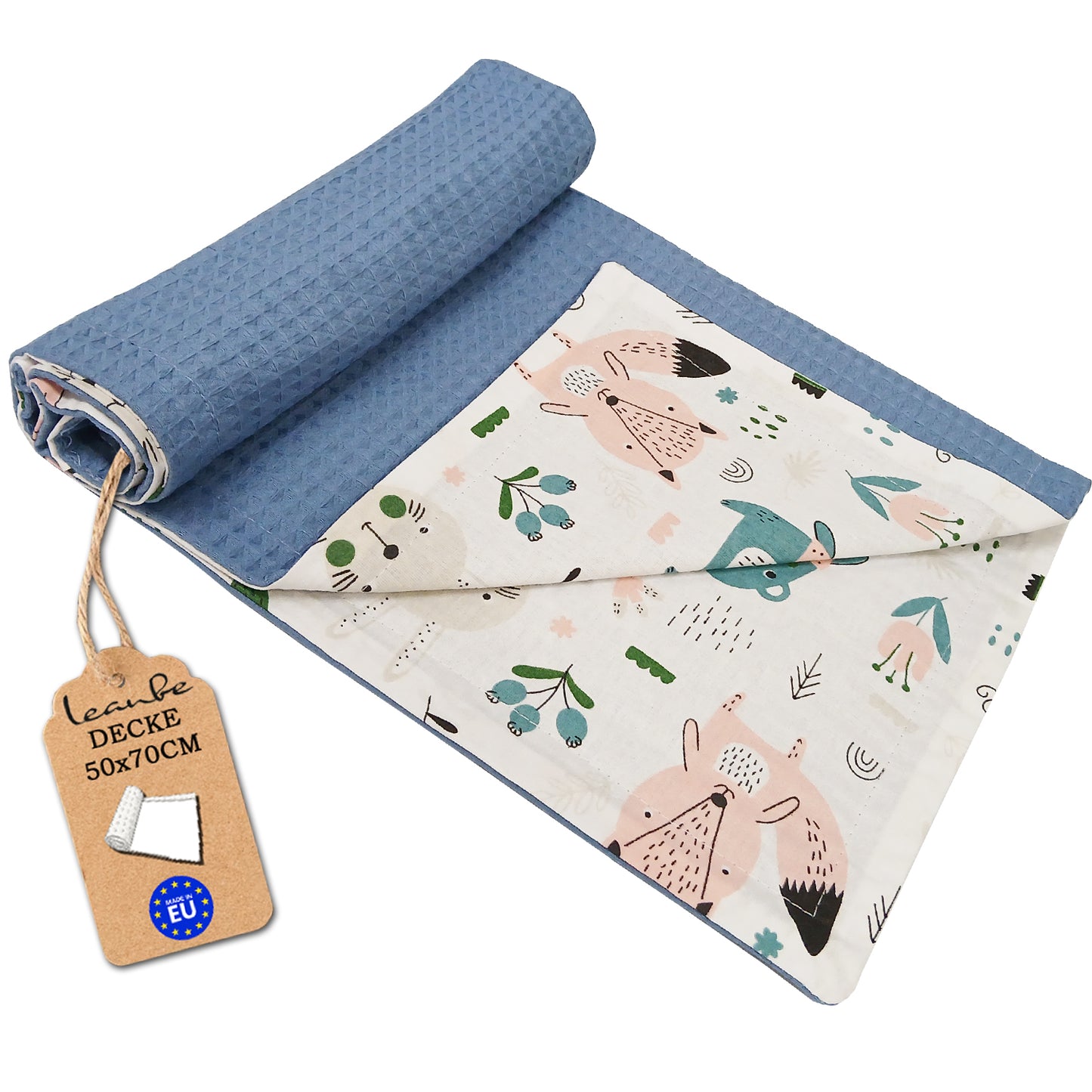 LEANBE Babydecke 50x70cm doppelseitig Baumwolle/Waffelstoff Blau