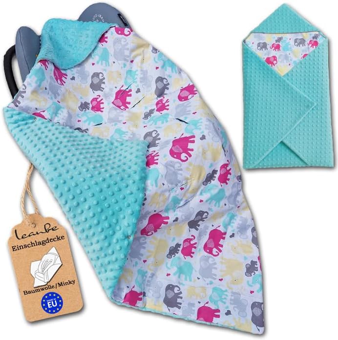 LEANBE Einschlagdecke Babydecke für Babyschale und Kinderwagen 86x86 cm – Baumwolle & Minky Tükis / Elefanten