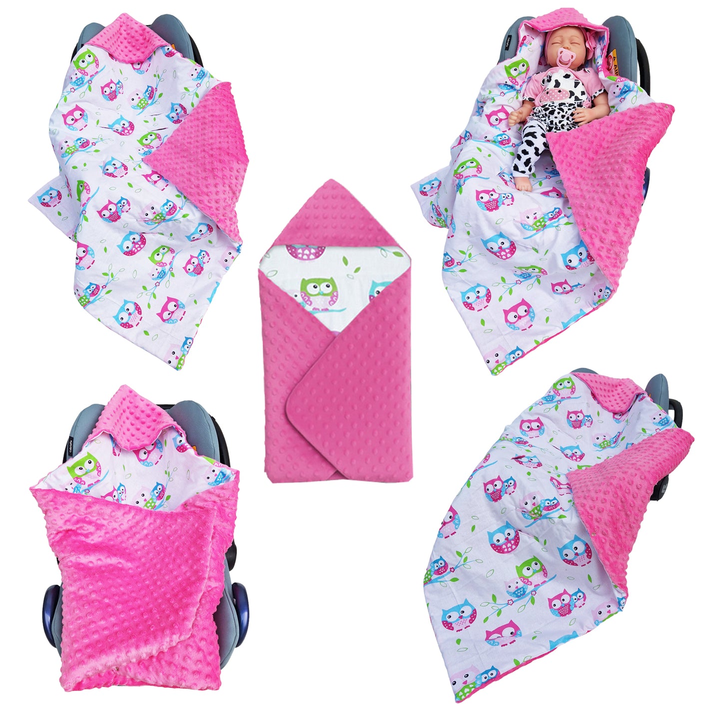 LEANBE Einschlagdecke Babydecke für Babyschale und Kinderwagen 86x86 cm – Baumwolle & Minky Rosa /Eulen