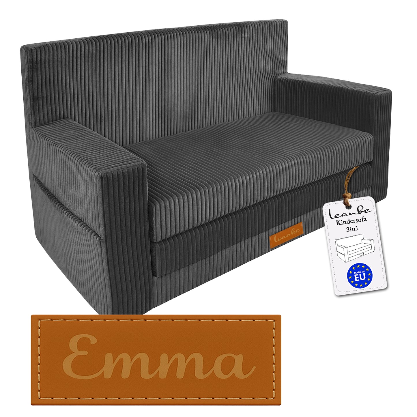 LEANBE Personalisierbares Kindersofa 3-in-1  Spiel- und Schlafsofa mit individuellem Namen - Grau Cord