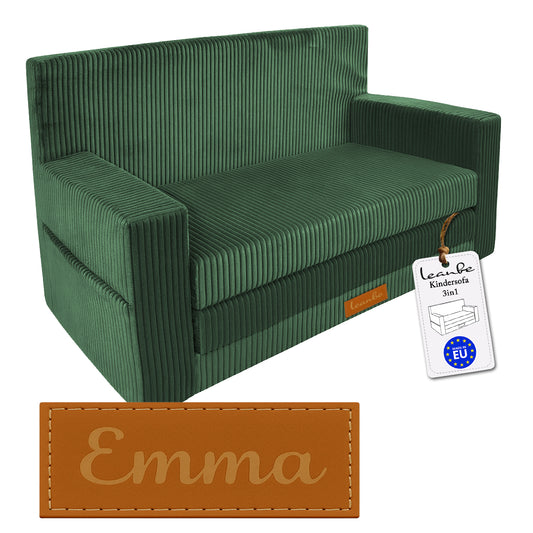 LEANBE Personalisierbares Kindersofa 3-in-1  Spiel- und Schlafsofa mit individuellem Namen - Grün Cord