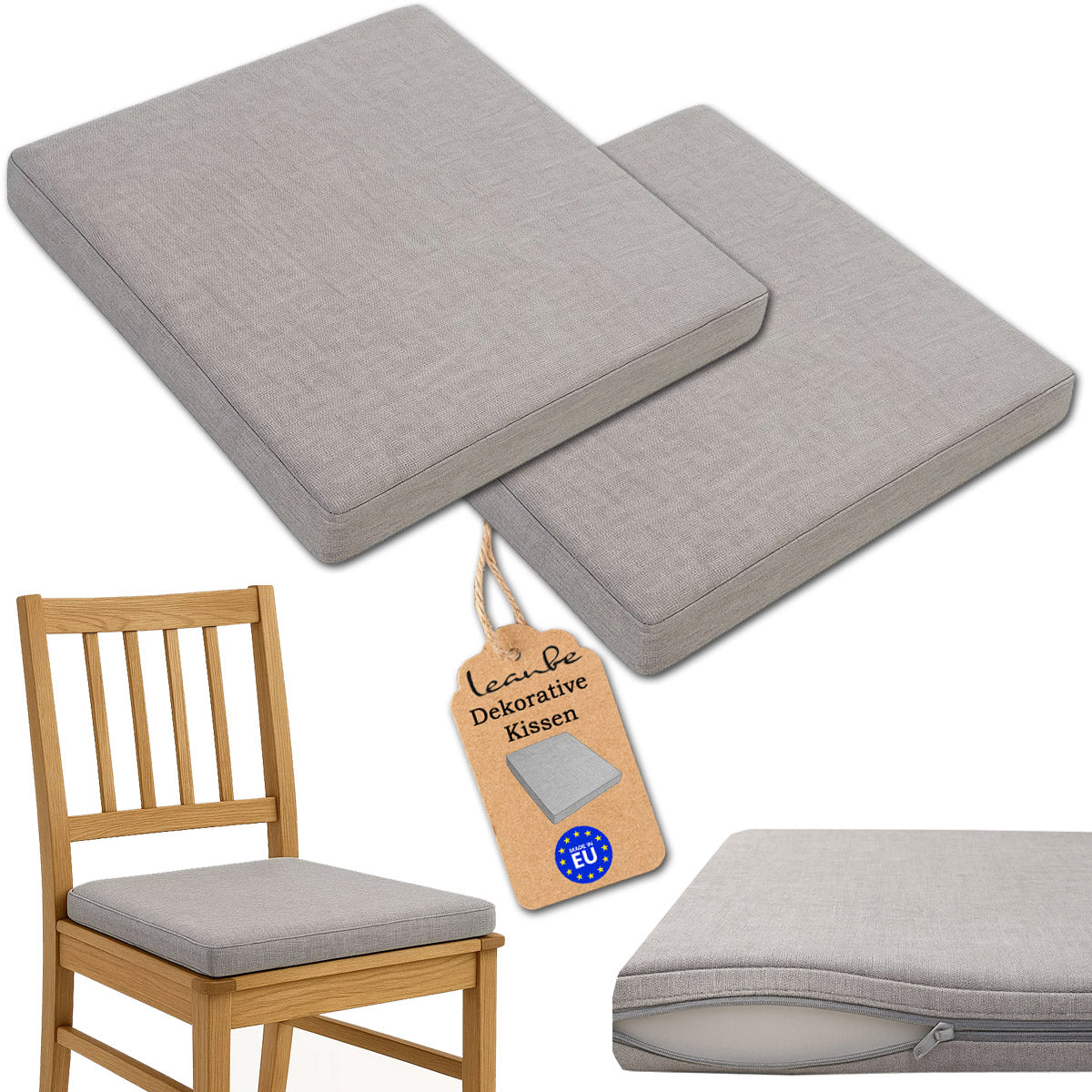 LEANBE Sitzkissen 2er Set – Bequeme Polster für Garten, Balkon und Zuhause 40 x 40 x 5 cm Hellgrau