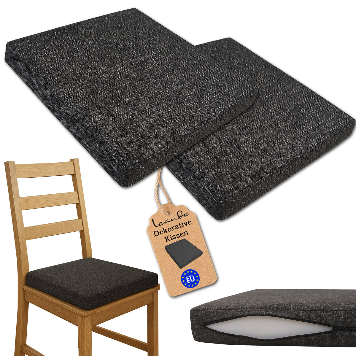 LEANBE Sitzkissen 2er Set – Bequeme Polster für Garten, Balkon und Zuhause 40 x 40 x 5 cm Schwarz