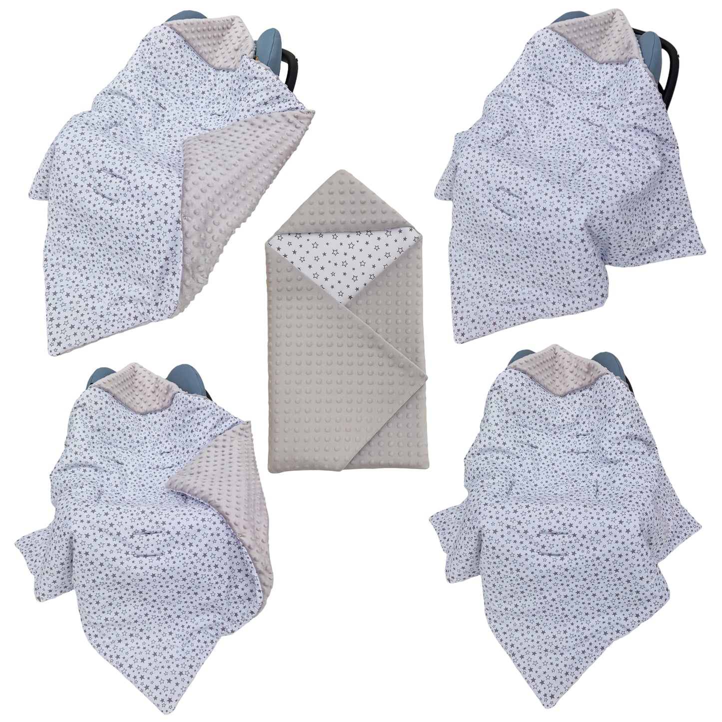LEANBE Einschlagdecke Babydecke für Babyschale und Kinderwagen 86x86 cm – Baumwolle & Minky Grau / Sterne