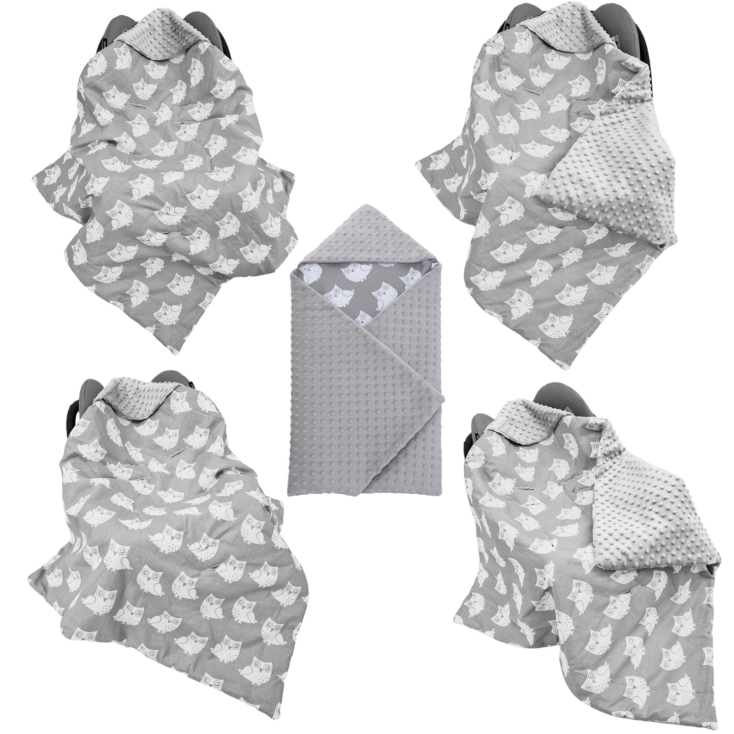 LEANBE Einschlagdecke Babydecke für Babyschale und Kinderwagen 86x86 cm – Baumwolle & Minky Grau / Eulen