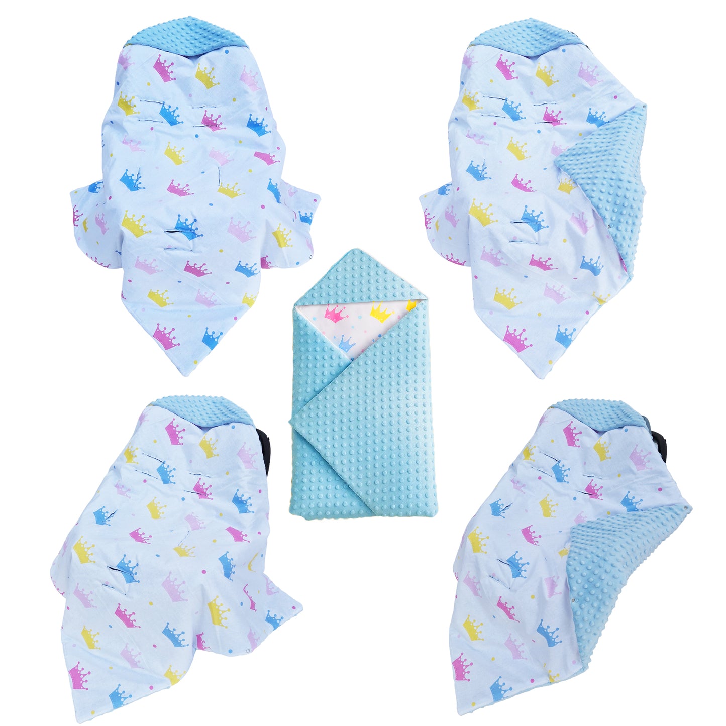 LEANBE Einschlagdecke Babydecke für Babyschale und Kinderwagen 86x86 cm – Baumwolle & Minky Blau / Kronen