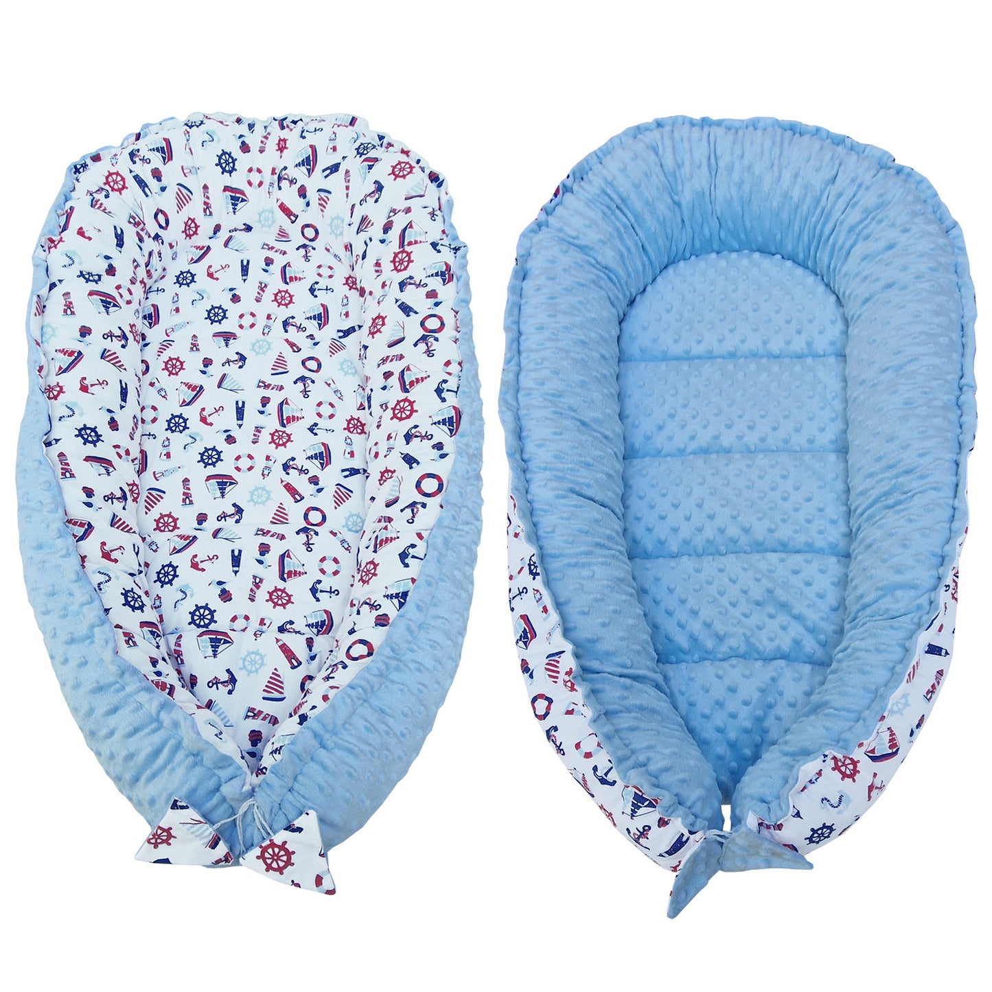 LEANBE Babynest Kokon aus Baumwolle & Minky - Blau Minky / Segelboote