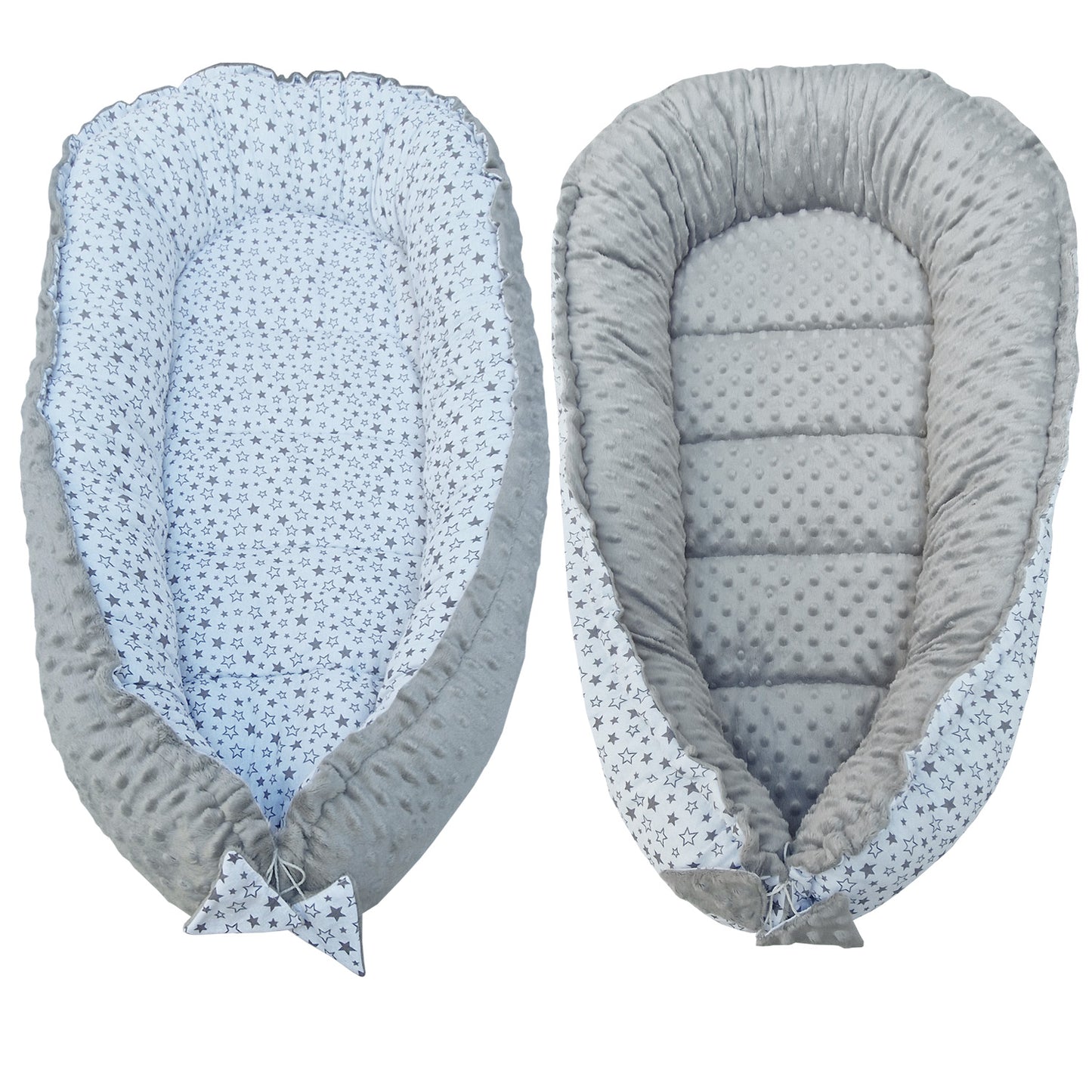 LEANBE Babynest Kokon aus Baumwolle & Minky - Grau Minky / Sterne