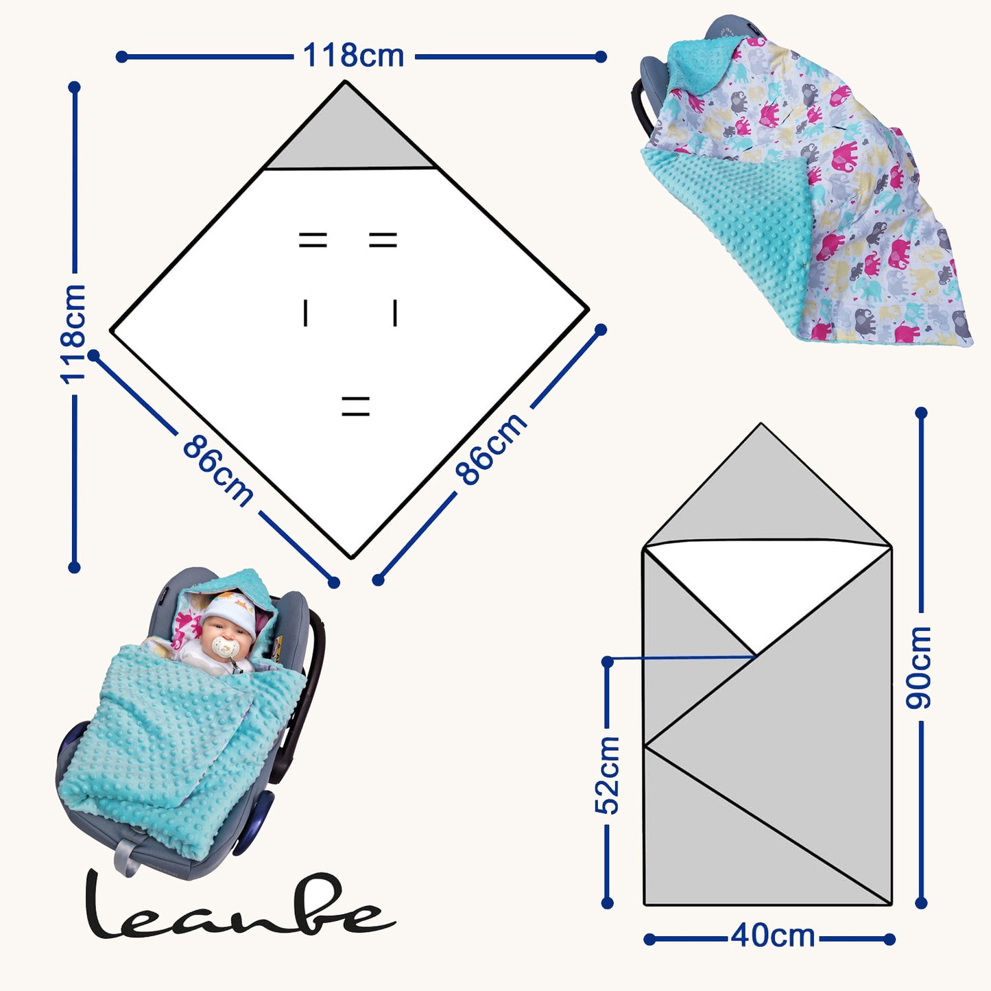 LEANBE Einschlagdecke Babydecke für Babyschale und Kinderwagen 86x86 cm – Baumwolle & Minky Tükis / Elefanten