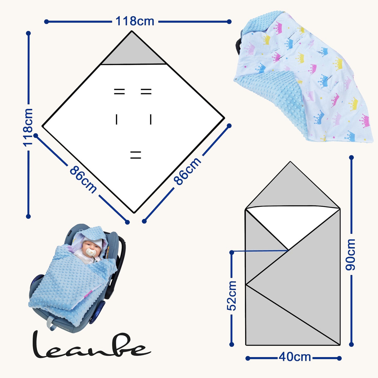 LEANBE Einschlagdecke Babydecke für Babyschale und Kinderwagen 86x86 cm – Baumwolle & Minky Blau / Kronen