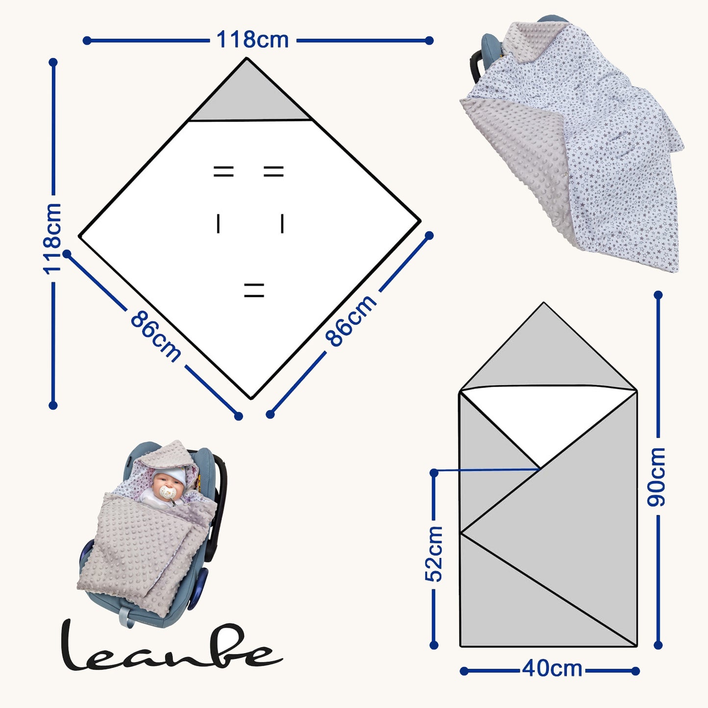LEANBE Einschlagdecke Babydecke für Babyschale und Kinderwagen 86x86 cm – Baumwolle & Minky Grau / Sterne