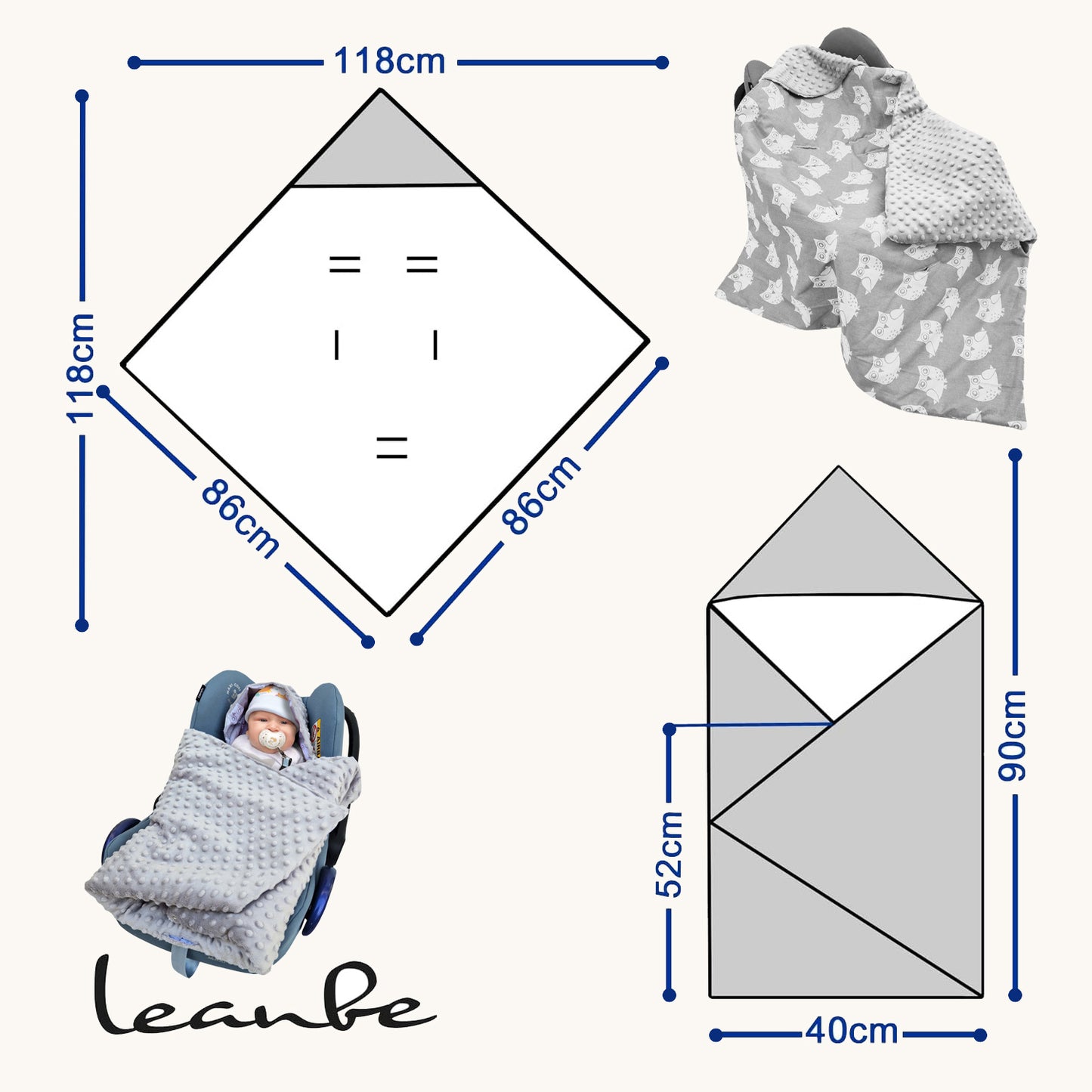 LEANBE Einschlagdecke Babydecke für Babyschale und Kinderwagen 86x86 cm – Baumwolle & Minky Grau / Eulen