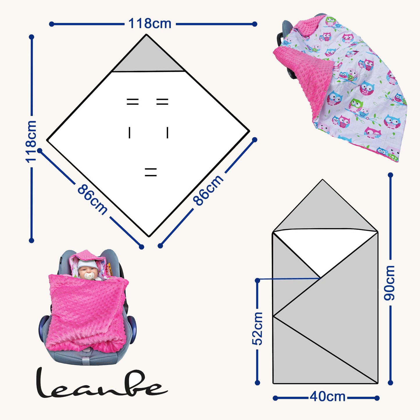 LEANBE Einschlagdecke Babydecke für Babyschale und Kinderwagen 86x86 cm – Baumwolle & Minky Rosa /Eulen
