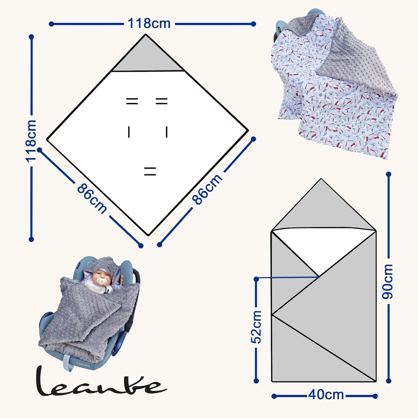LEANBE Einschlagdecke Babydecke für Babyschale und Kinderwagen 86x86 cm – Baumwolle & Minky Grau / Störche