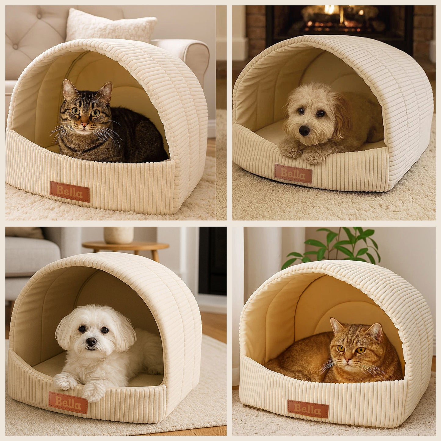 LEANBE Personalisierbare & Stilvolle Cord-Hütte für Hunde und Katzen - Beige