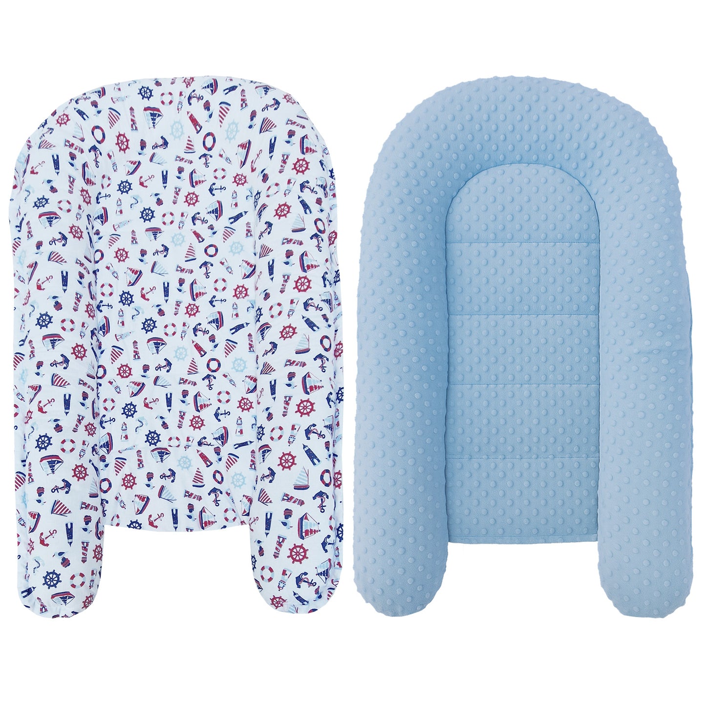 LEANBE Babynest Kokon aus Baumwolle & Minky - Blau Minky / Segelboote