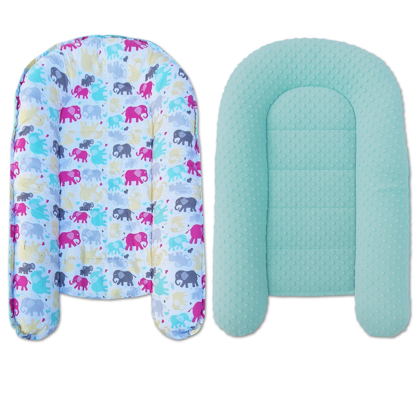 LEANBE Babynest Kokon aus Baumwolle & Minky -Türkis Minky / Bunte Elefanten
