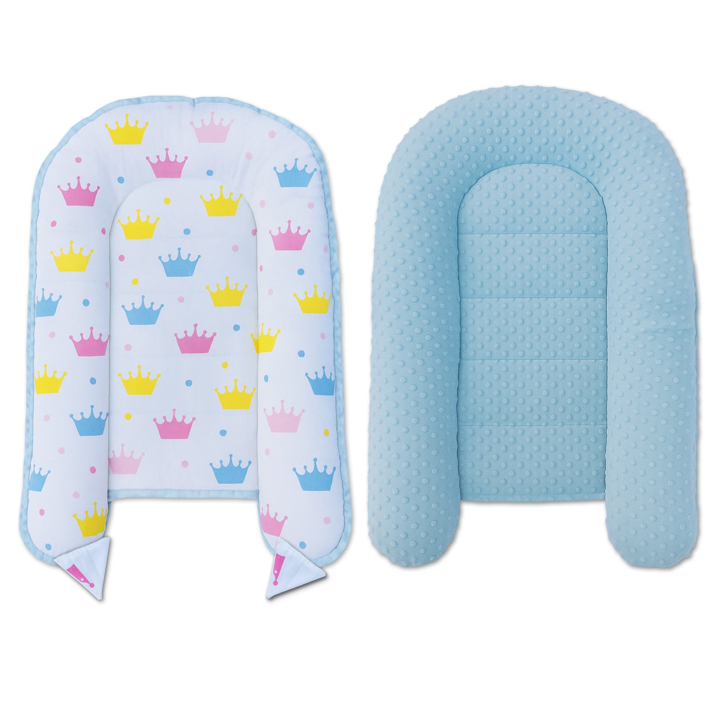 LEANBE Babynest Kokon aus Baumwolle & Minky - Blau Minky / Bunte Kronen
