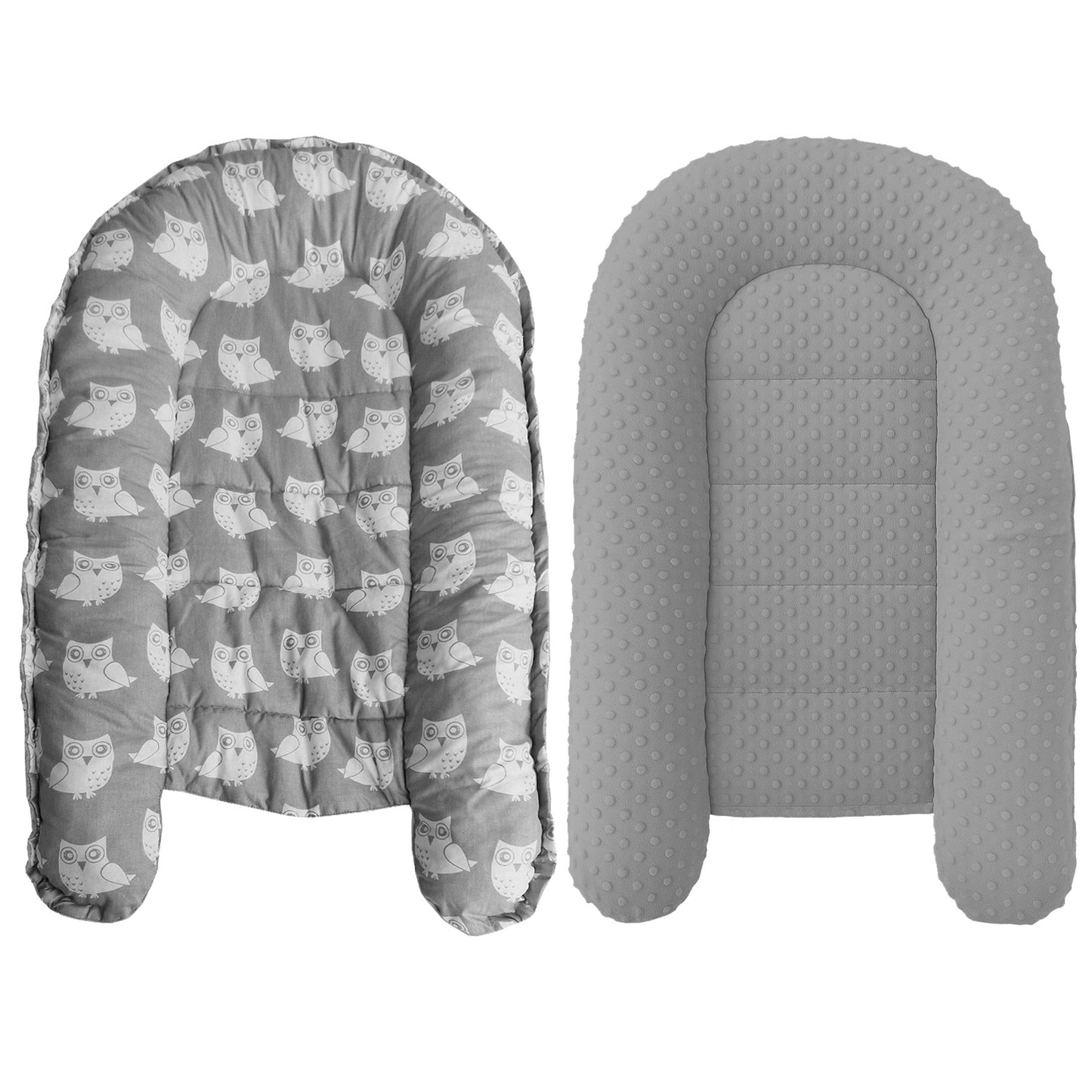 LEANBE Babynest Kokon aus Baumwolle & Minky - Grau Minky / Eulen