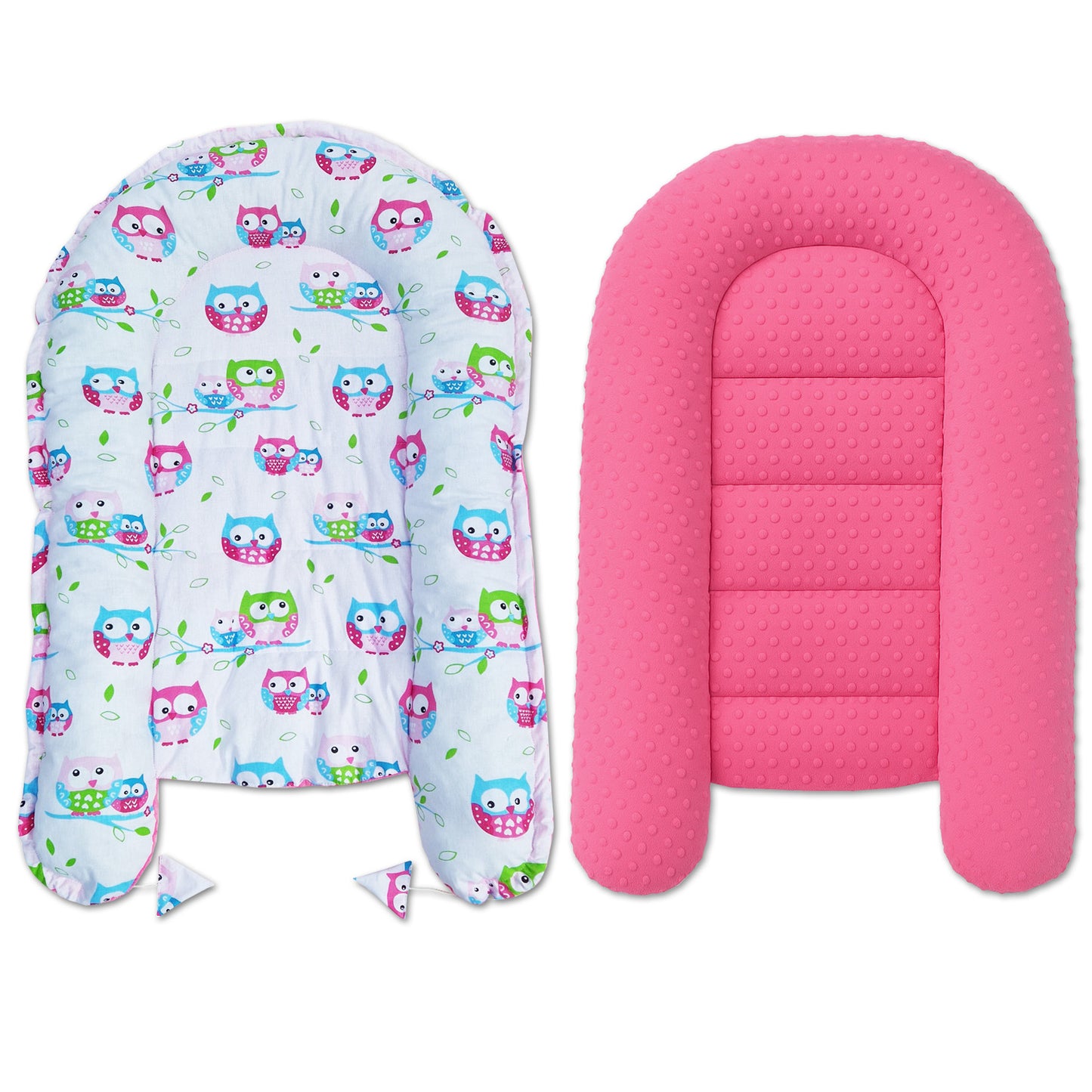 LEANBE Babynest Kokon aus Baumwolle & Minky - Rosa Minky / Bunte Eulen