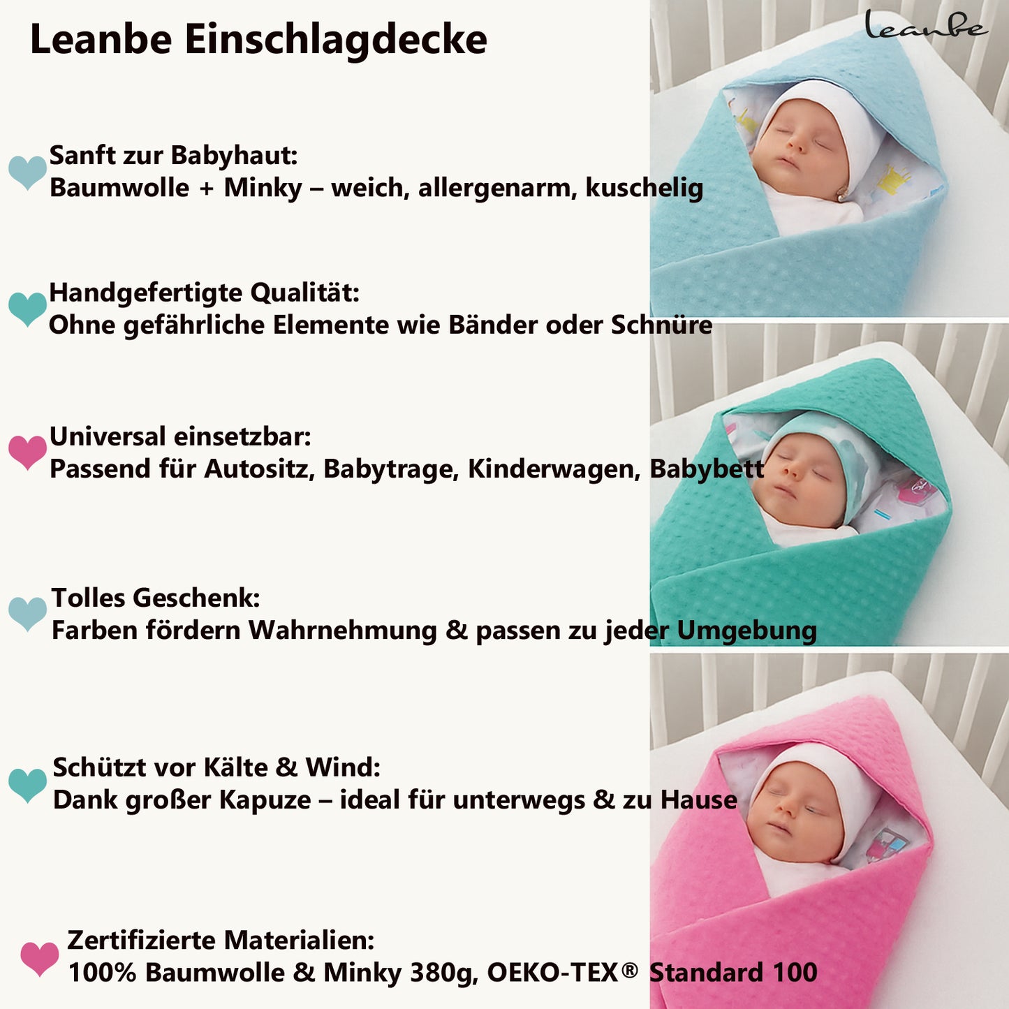 LEANBE Einschlagdecke Babydecke für Babyschale und Kinderwagen 86x86 cm – Baumwolle & Minky Rosa /Eulen