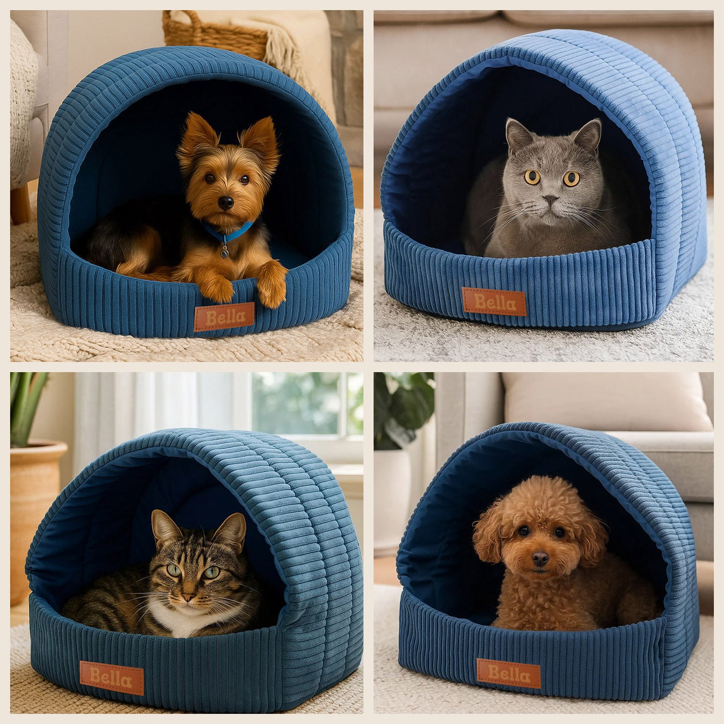 LEANBE Personalisierbare & Stilvolle Cord-Hütte für Hunde und Katzen - Blau
