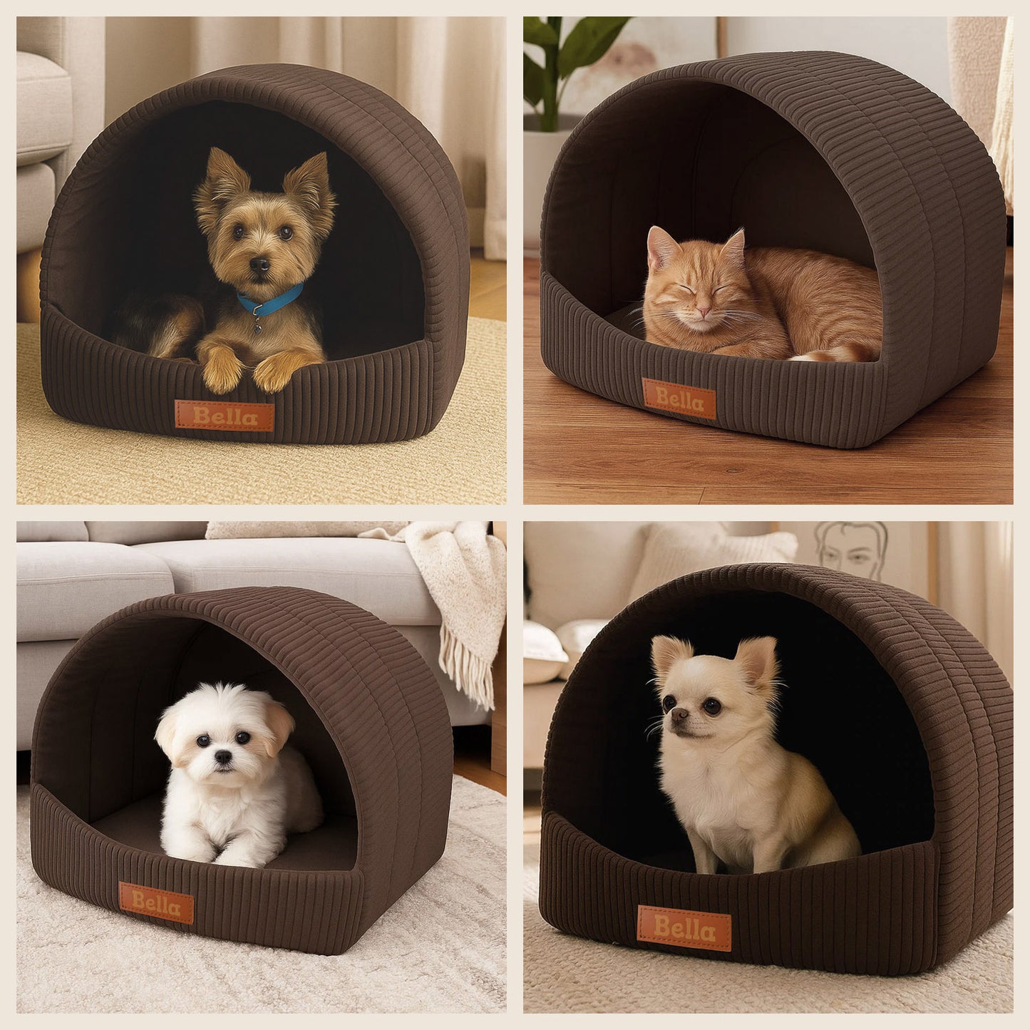 LEANBE Personalisierbare & Stilvolle Cord-Hütte für Hunde und Katzen - Braun