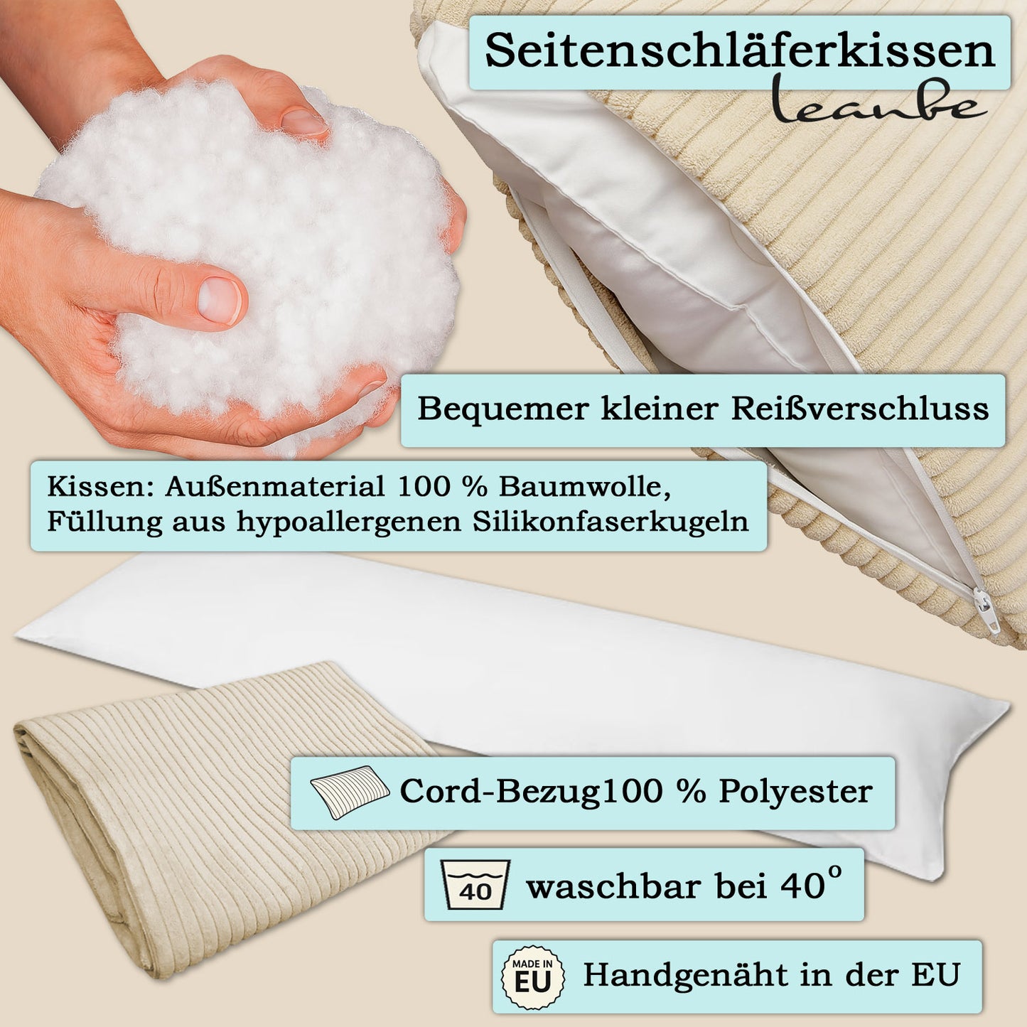 LEANBE Seitenschläferkissen 150 x 40 cm Cord – Großes Dekokissen für Komfort und stilvolle Einrichtung