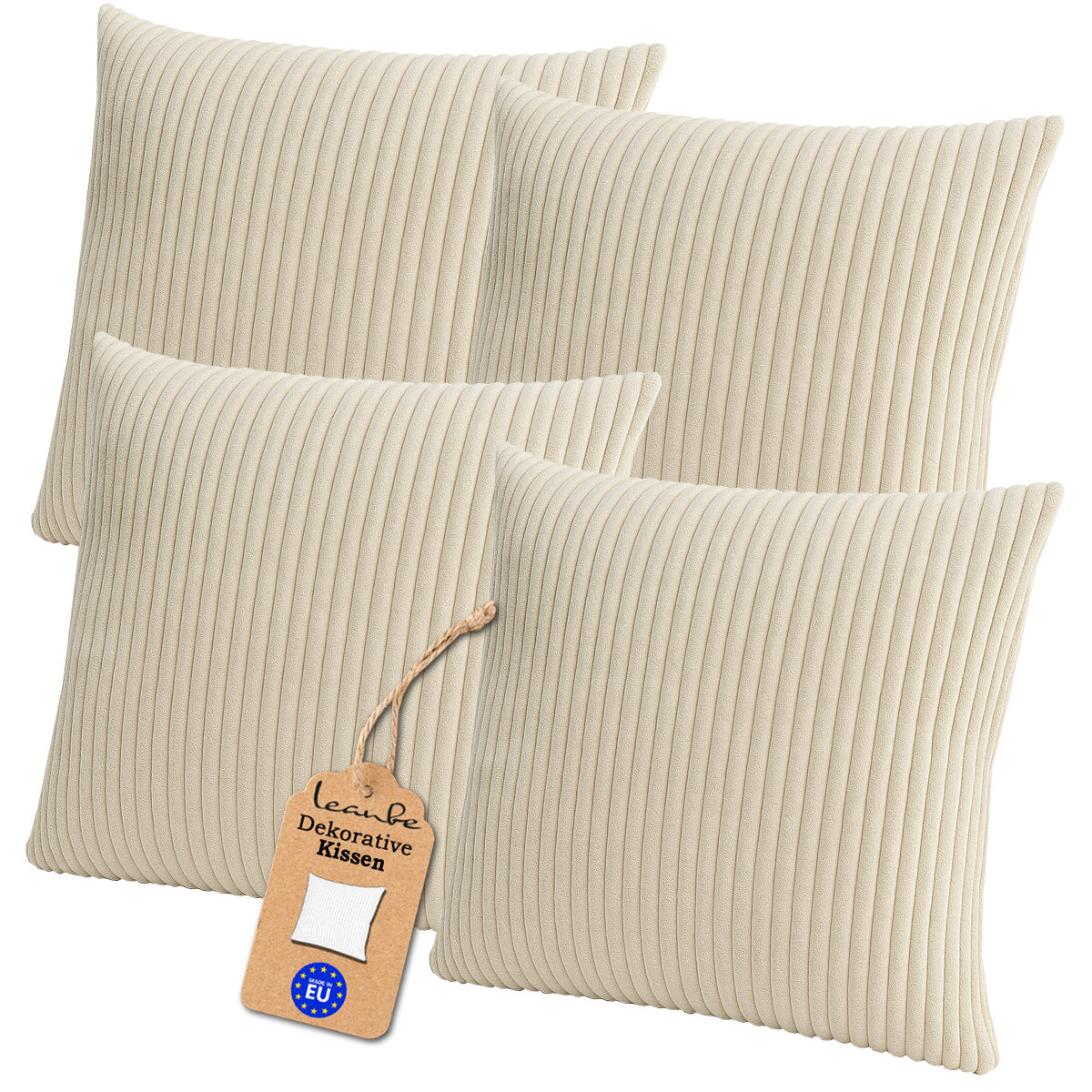 LEANBE Cord Dekokissen – Weiches Kissen mit strukturierter Oberfläche Set 4 Stck. - Beige