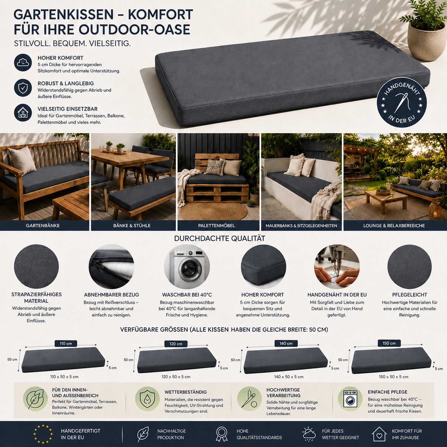 Gartenkissen 110-150 cm – Komfortables Sitzkissen für Gartenbank & Outdoor-Möbel