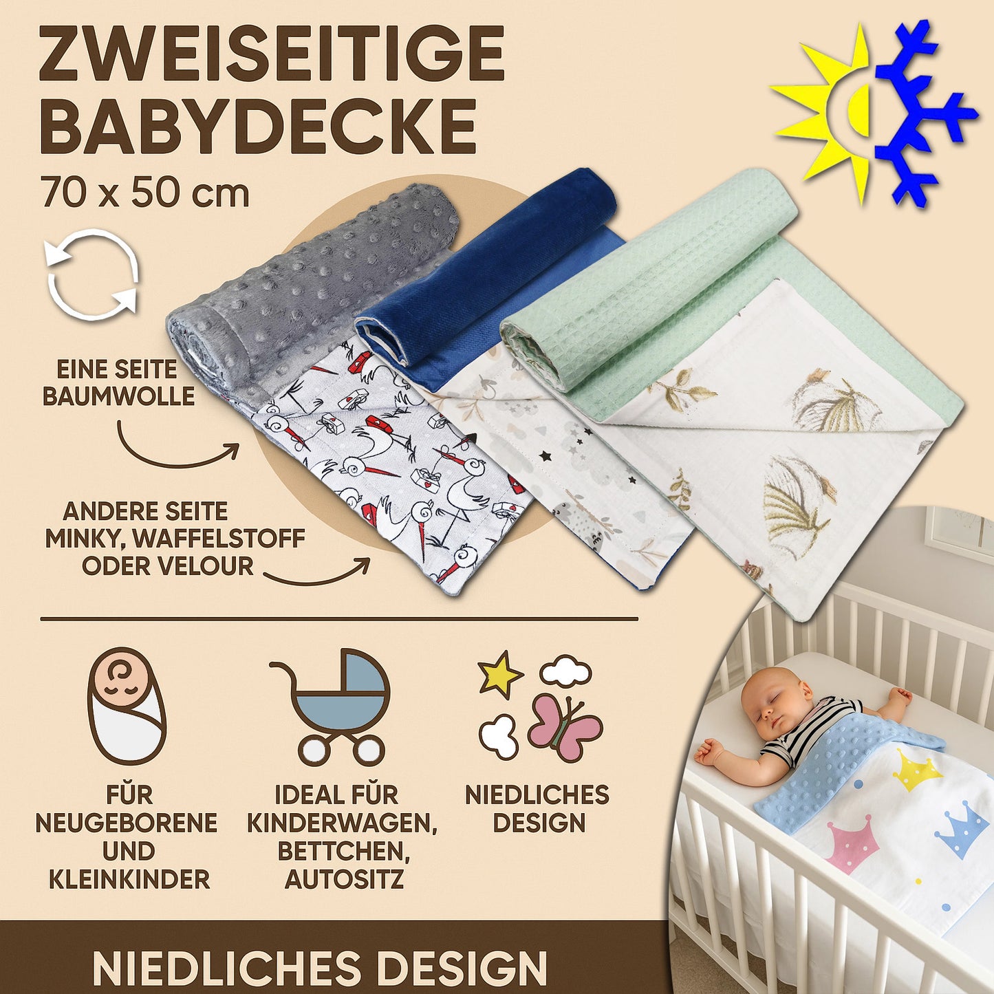 Babydecke 50x70cm doppelseitig Baumwolle/Waffelstoff Mint