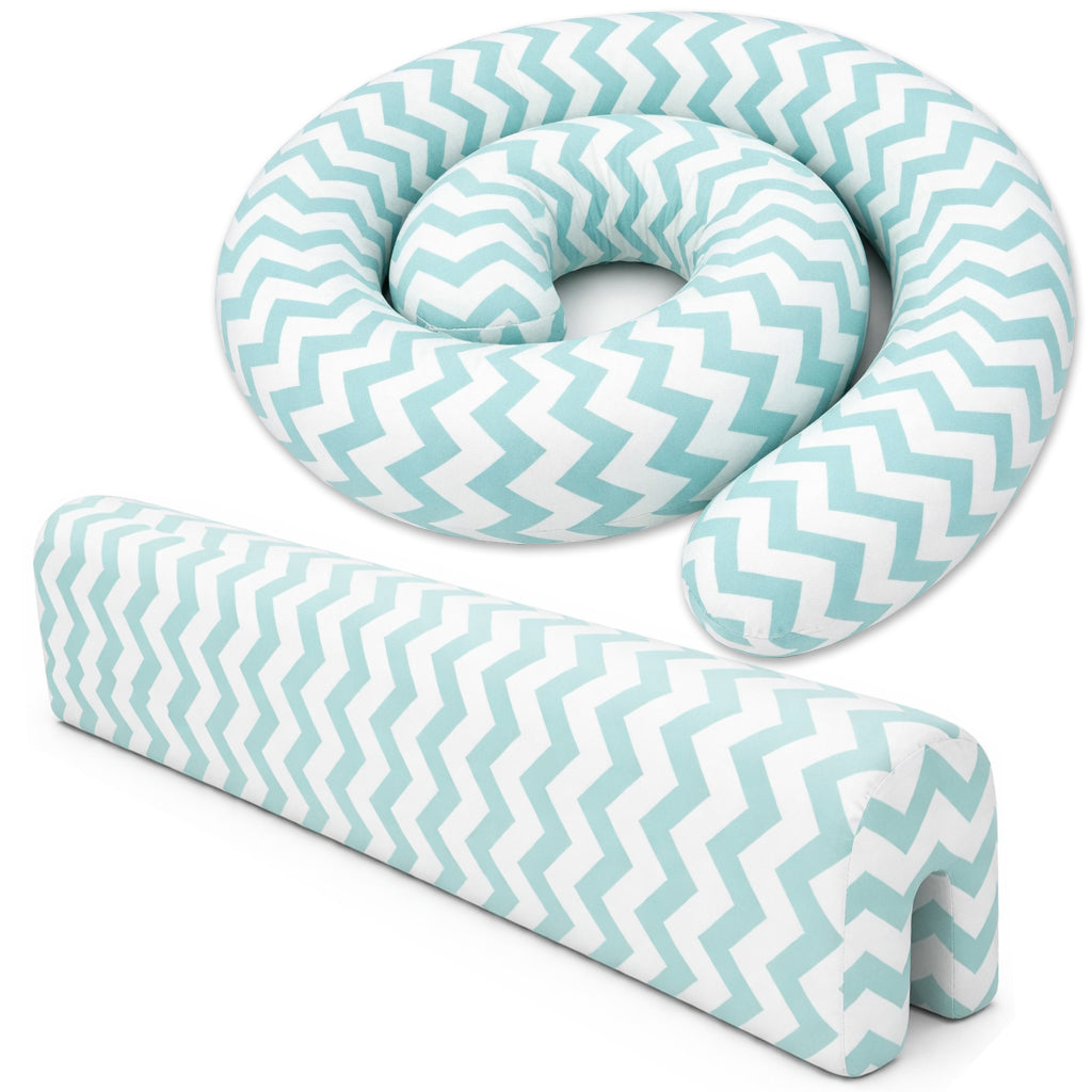 LEANBE Bettkantenschutz 70x20x14 cm + Bettschlange 150x15 cm – Türkis-Weiß Chevron