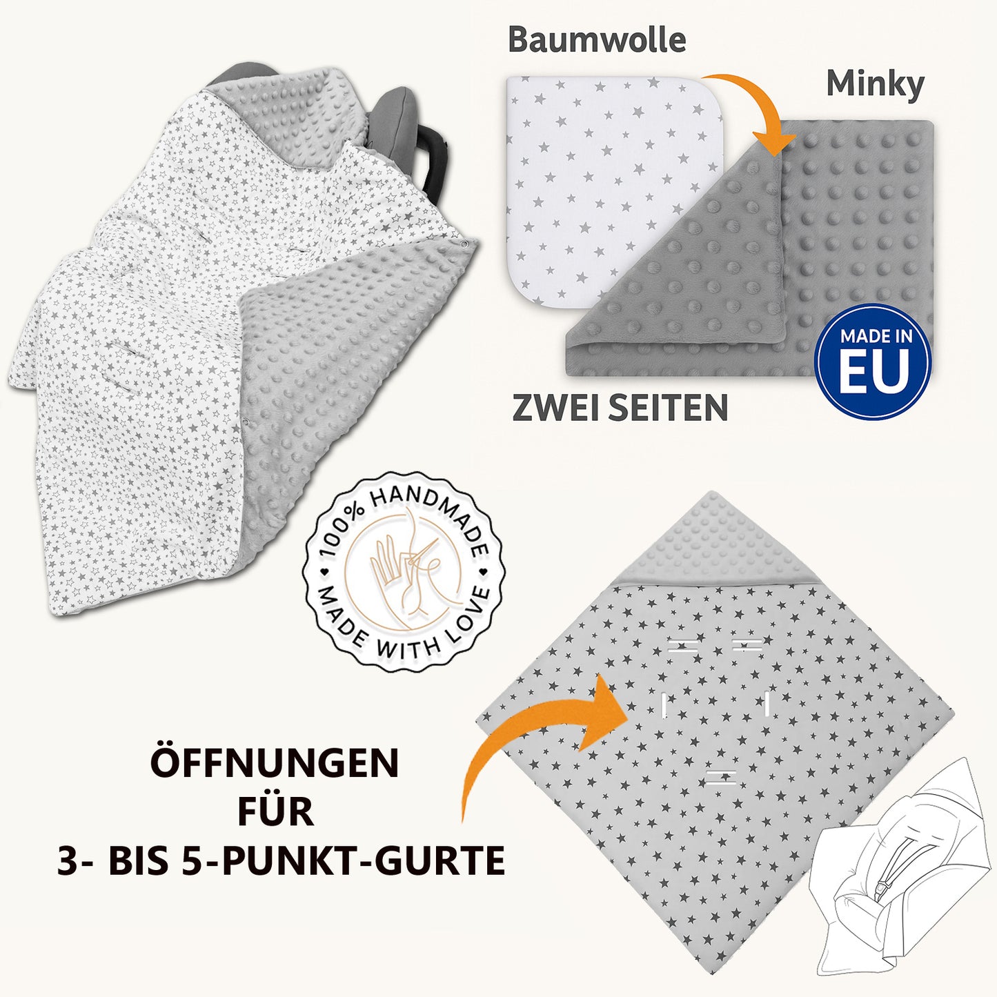 LEANBE Einschlagdecke Babydecke für Babyschale und Kinderwagen 86x86 cm – Baumwolle & Minky Rosa /Eulen