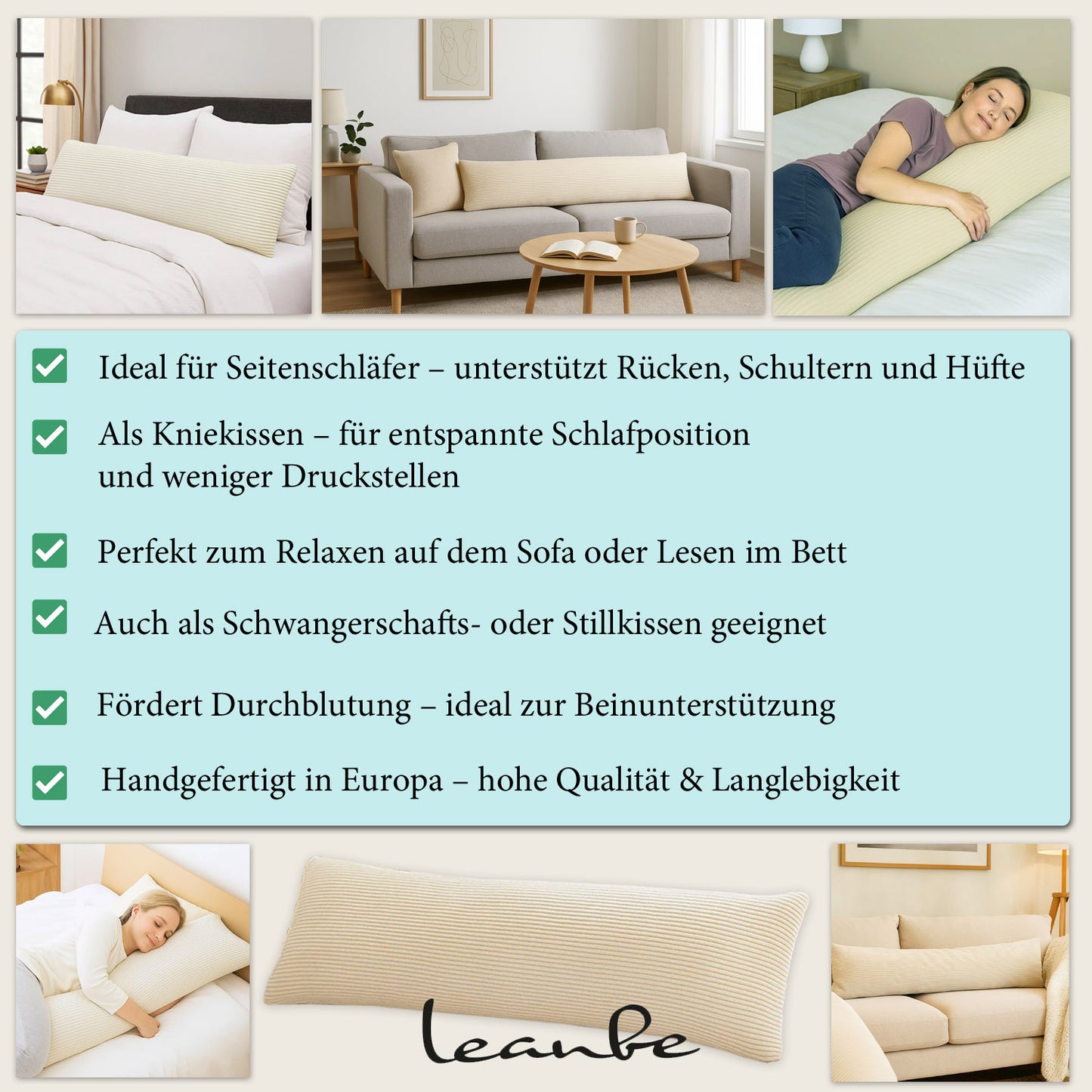 LEANBE Seitenschläferkissen 150 x 40 cm Cord – Großes Dekokissen für Komfort und stilvolle Einrichtung