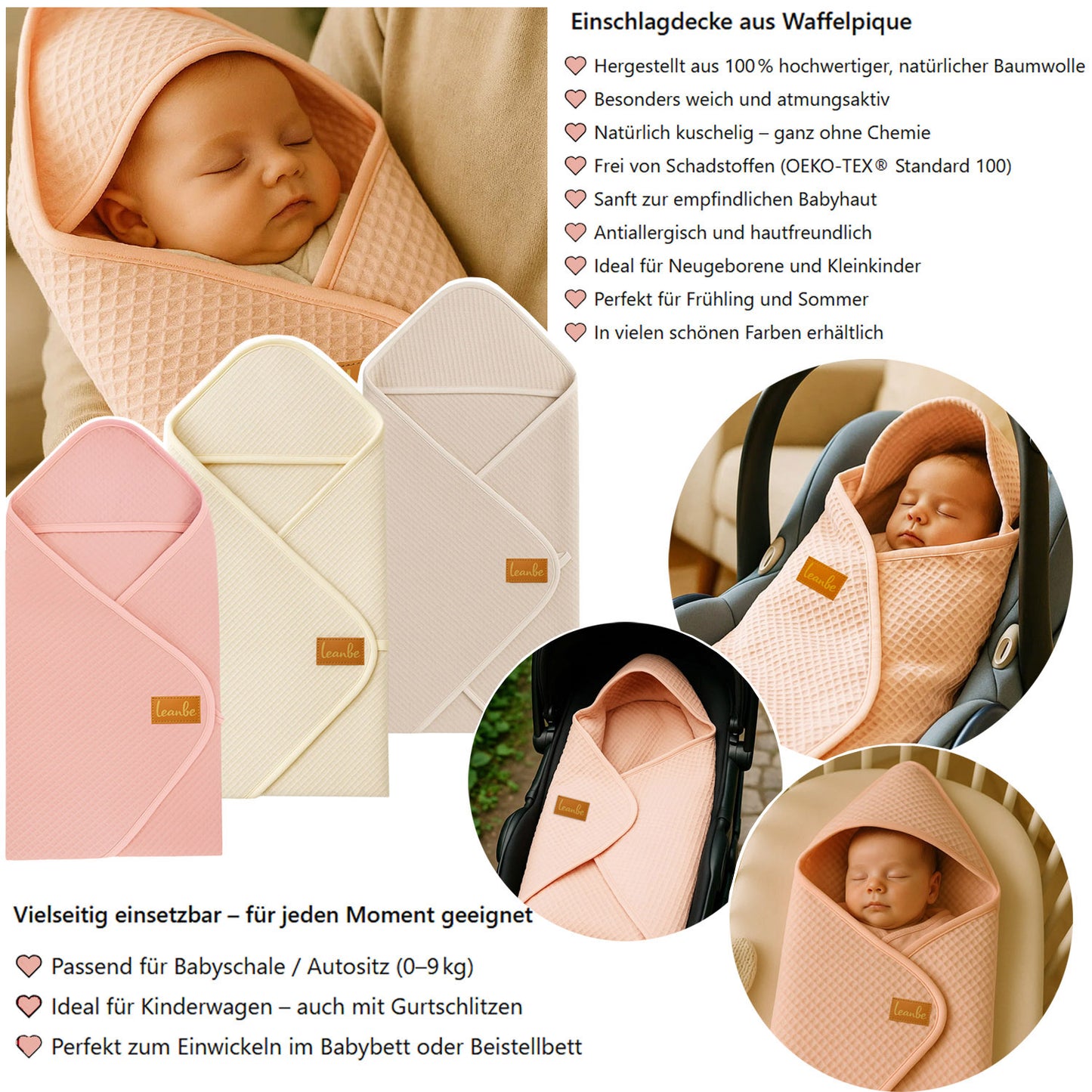 LEANBE Einschlagdecke aus Waffelstoff für den Sommer 100% Baumwolle Beige