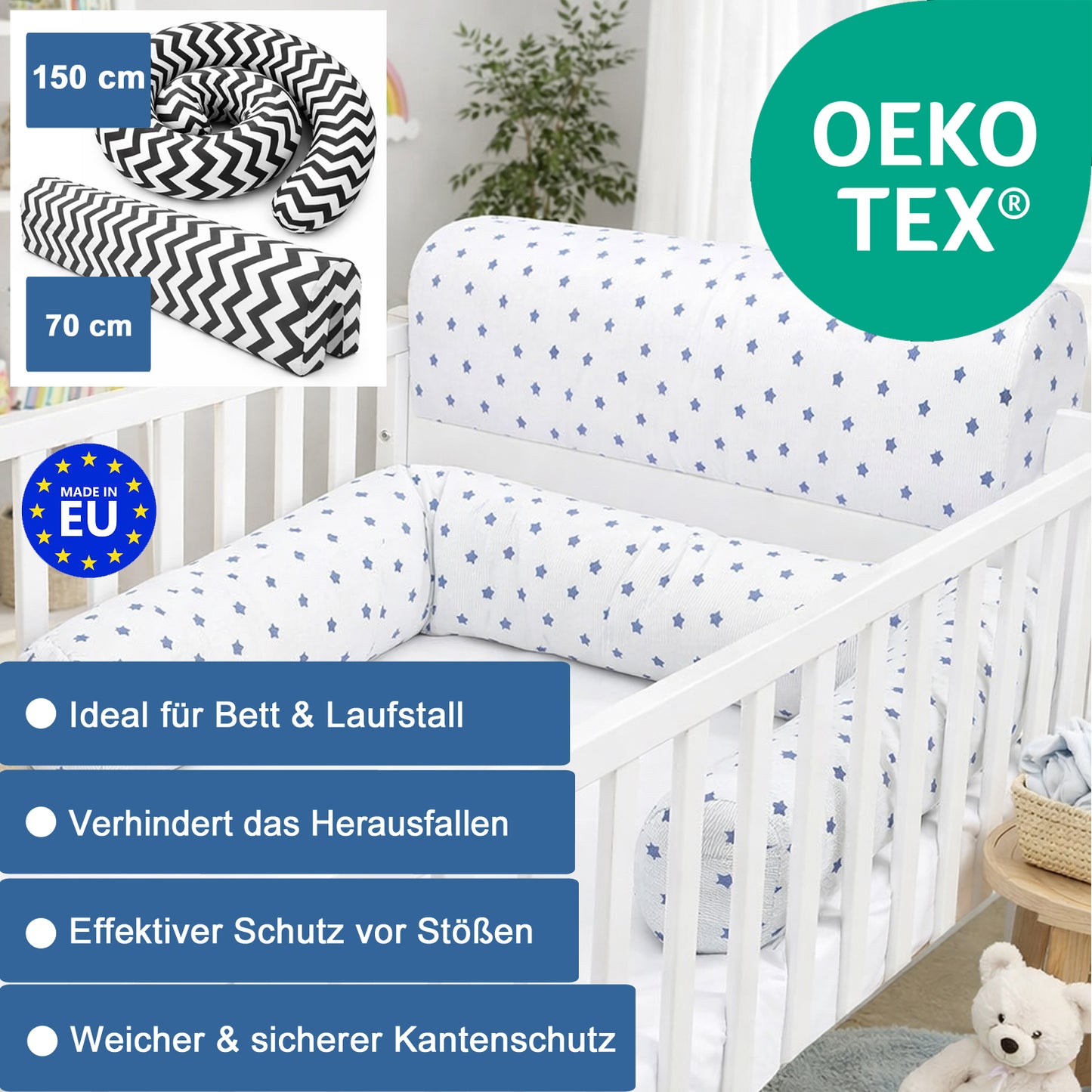 LEANBE Bettkantenschutz 70x20x14 cm + Bettschlange 150x15 cm – Blaue Sterne