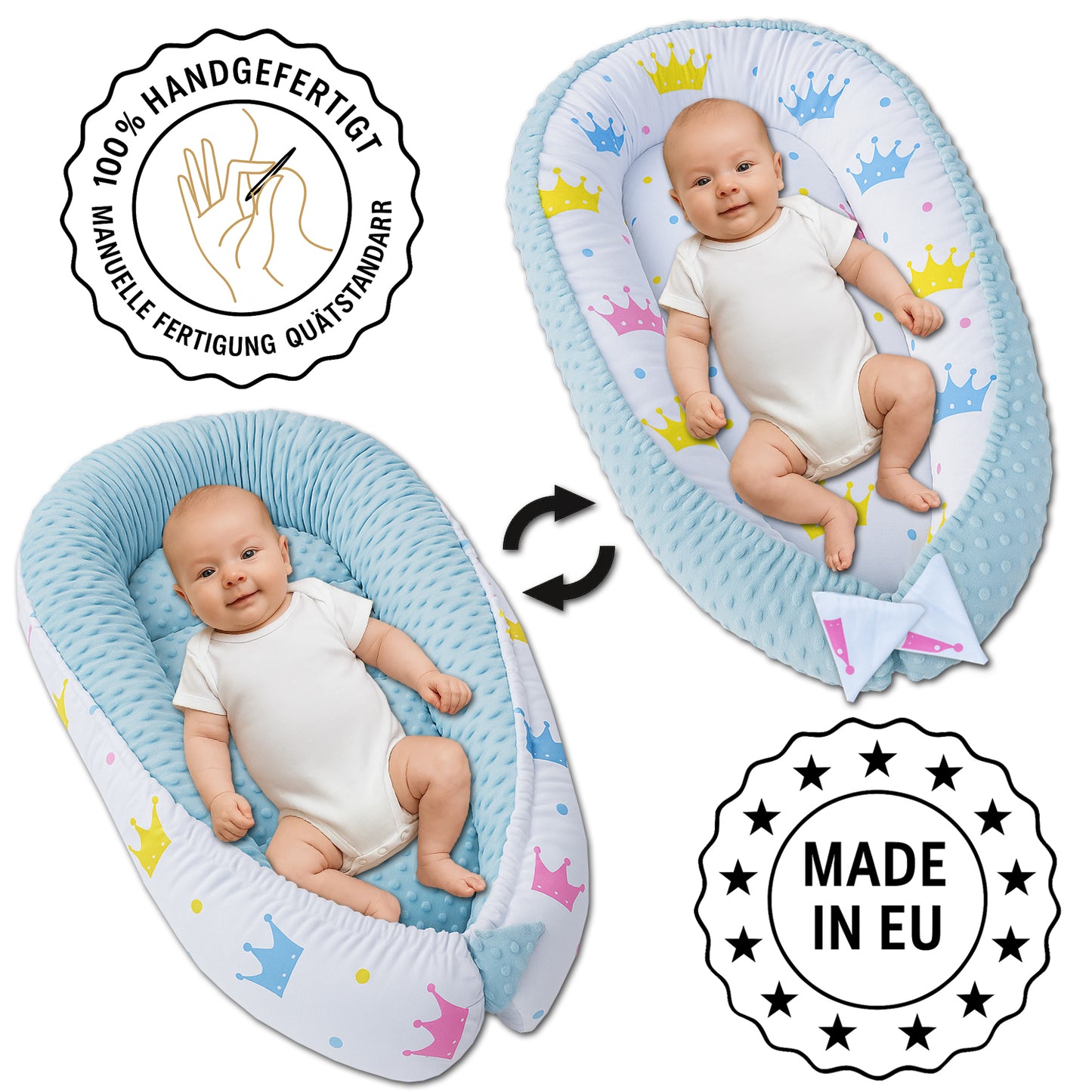 LEANBE Babynest Kokon aus Baumwolle & Minky - Grau Minky / Eulen