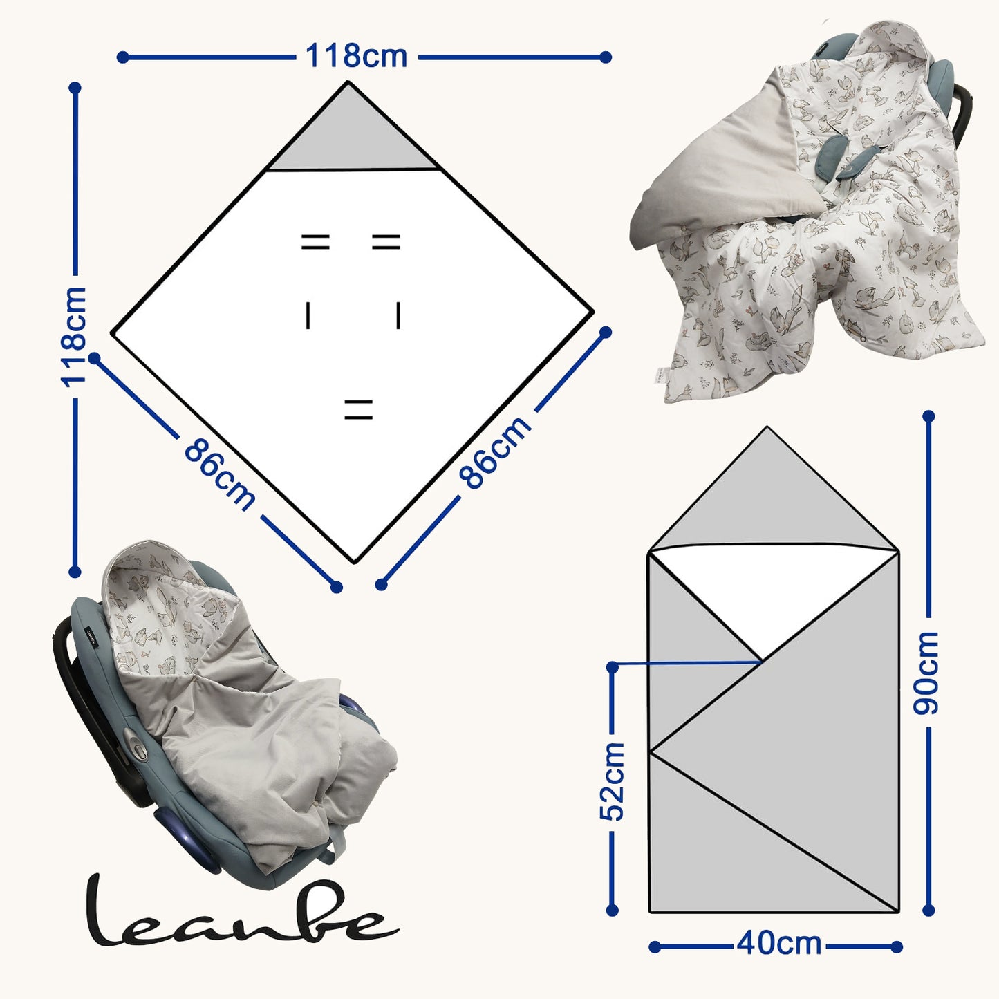 Einschlagdecke Babydecke 86x86 cm – Baumwolle & Velours Grau