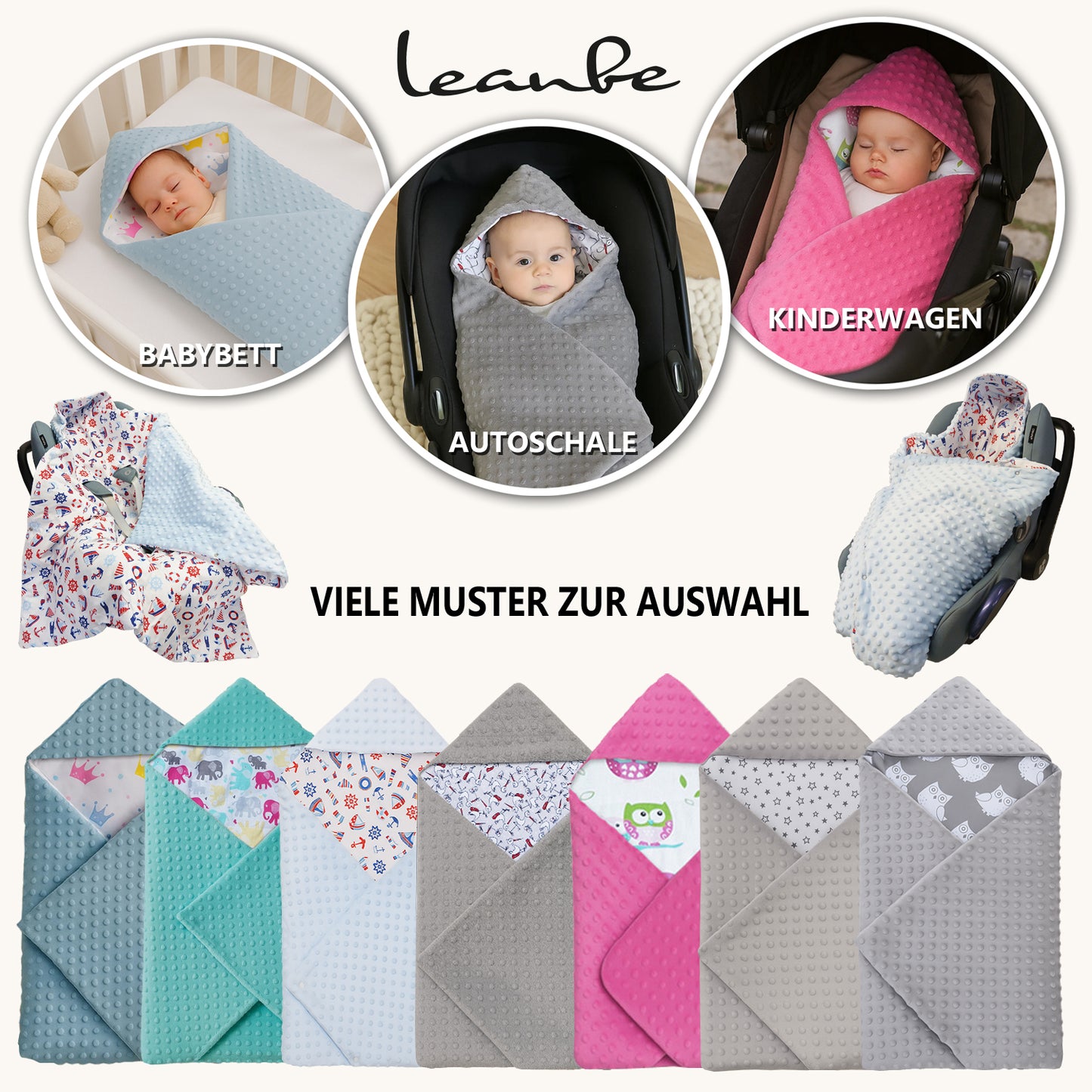 LEANBE Einschlagdecke Babydecke für Babyschale und Kinderwagen 86x86 cm – Baumwolle & Minky Grau / Eulen